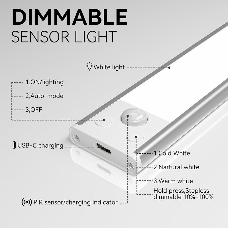 xinp Under Cabinet Lighting, 3 Color Magnetic Motion Activated Under Cabinet Lights, Rechargeable Closet Lights 1800mAh Battery Operated, Wireless Dimmable Under Counter Lights for Kitchen,Hallway 4 Pack - Image 3